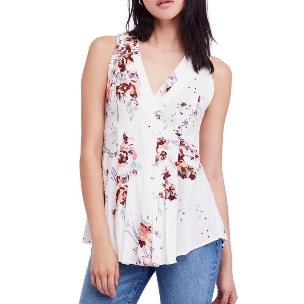 Free People New Size‎ S Ivory Back to the Basics Floral Print Wrap Tunic Blouse